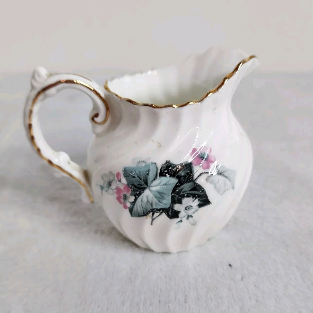 Aynsley Blue Leaf Bone China Creamer Swirl Gold Trim England Vintage